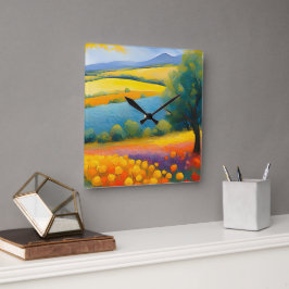 "Fleurs Tranquilles" weite Landschaft Provence Quadratische Wanduhr