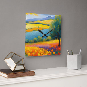 "Fleurs Tranquilles" weite Landschaft Provence Quadratische Wanduhr