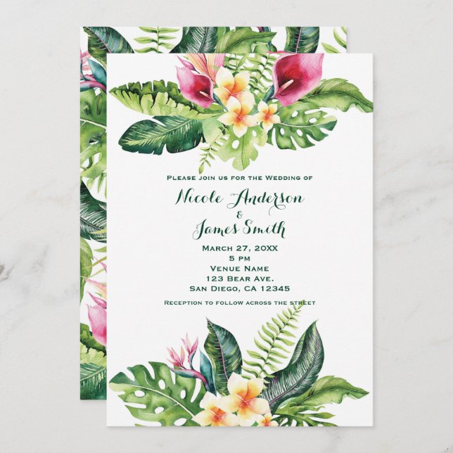 Fleurs tropicales Feuilles Invitations de mariage  (Devant / Derrière)