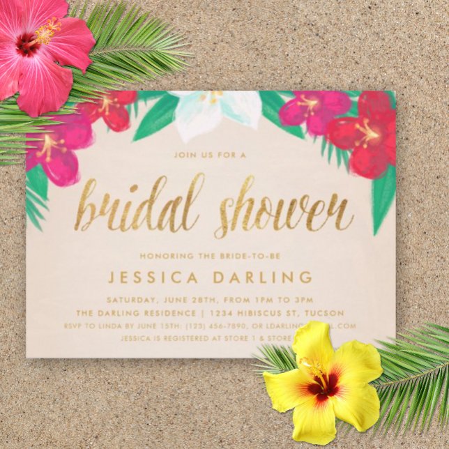 Fleurs tropicales Gold Bridal Shower Invitation (Bridal Shower Luau Party Invitation)