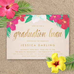Fleurs tropicales Gold Graduation Luau Invitation