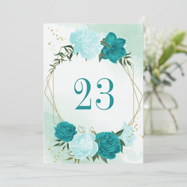 fleurs turquoise feuilles vertes carte de numéro d (Debout devant)