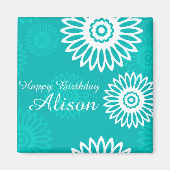 Fleurs turquoise Joyeux Anniversaire Nom Magnet (Devant)