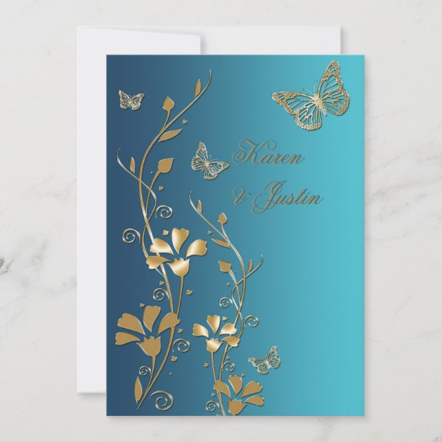 Fleurs turquoises et d'or et papillons Invitation (Devant)