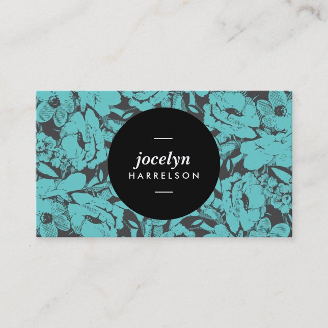 Fleurs Turquoises modernes Black Circle Carte de v (Devant)
