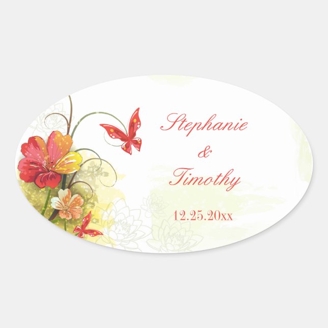 Fleurs vert rouge + autocollants de mariage papill (Devant)
