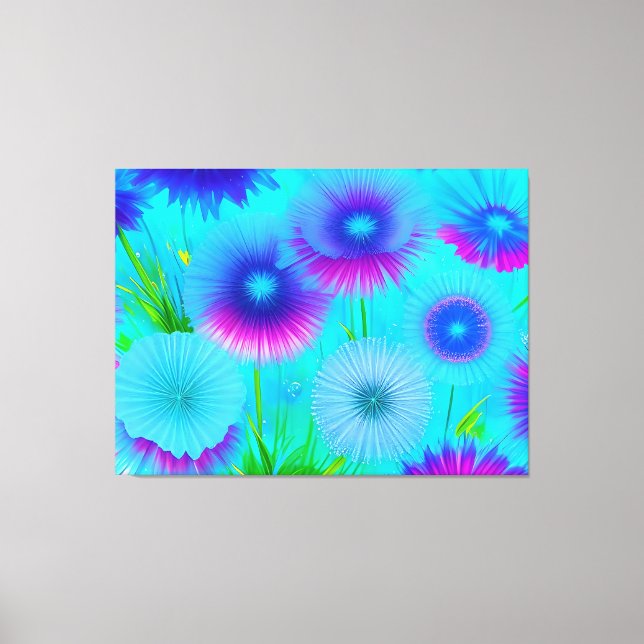 Fleurs violettes bleu néon toile enveloppée (Recto)