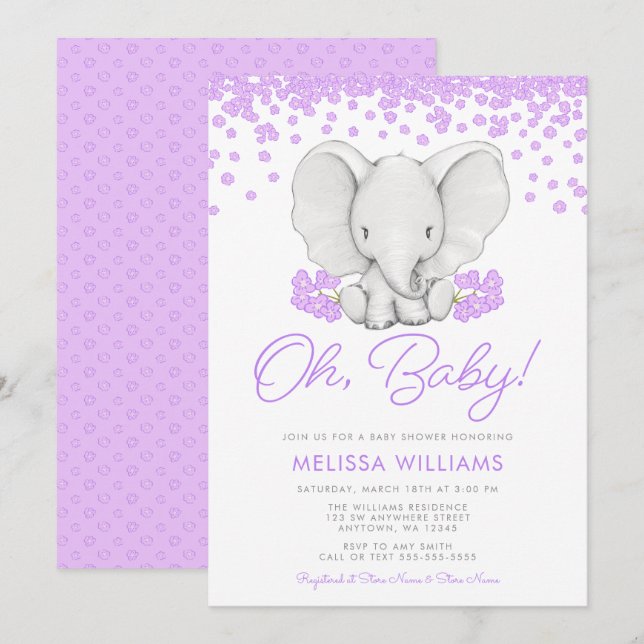 Fleurs violettes Eléphant Fille Invitations Baby s (Devant / Derrière)