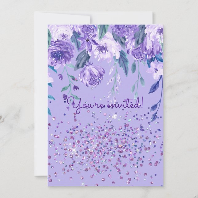 Fleurs violettes et Parties scintillant Invitation (Devant)