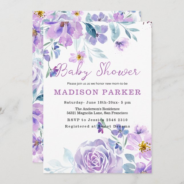 Fleurs violettes et roses Invitation bébé (Devant / Derrière)