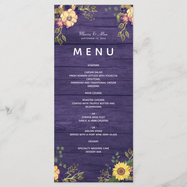 Fleurs violettes Menu Mariage rustique (Devant)