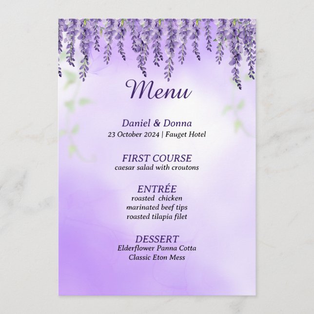 Fleurs violettes | Menu Mariage simple aquarelle (Devant)