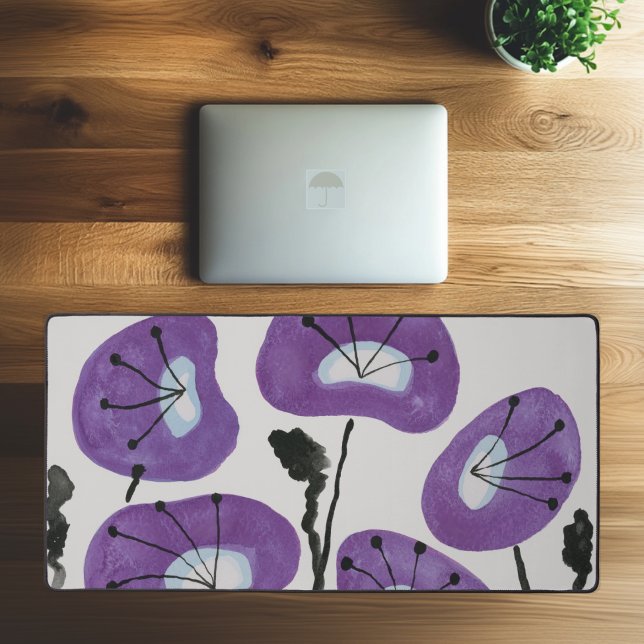 Fleurs violettes modernes Aquarelle Poppies tendan (Desk Pad with Modern Purple Poppies, Boho Watercolor Flowers, Eclectic Desk Art)
