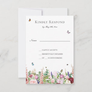 Fleurs violettes roses avec Papillons Carte RSVP