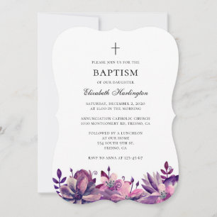 Fleurs violettes roses baptême invitation aquarell