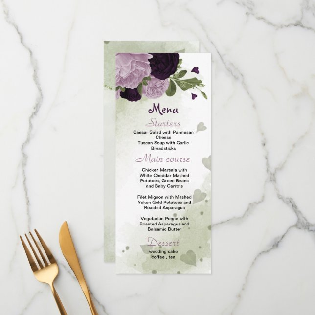 fleurs violettes vert menu mariage (Devant/Arrière en situation)