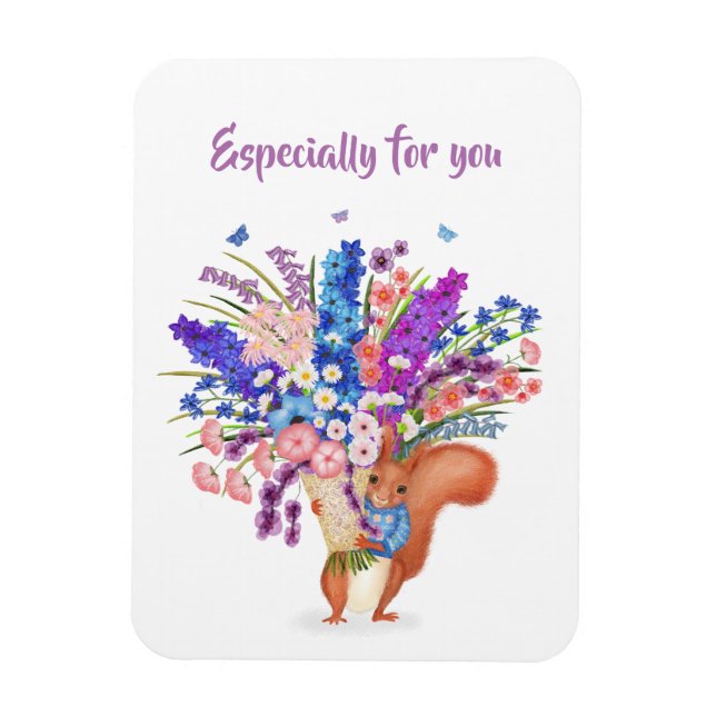 Flexible Cute red squirrel with flowers magnet (Vertical)