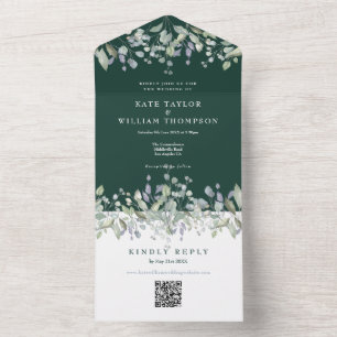 Flieder Blumen Smaragdgrüner QR-Code Hochzeit All In One Einladung