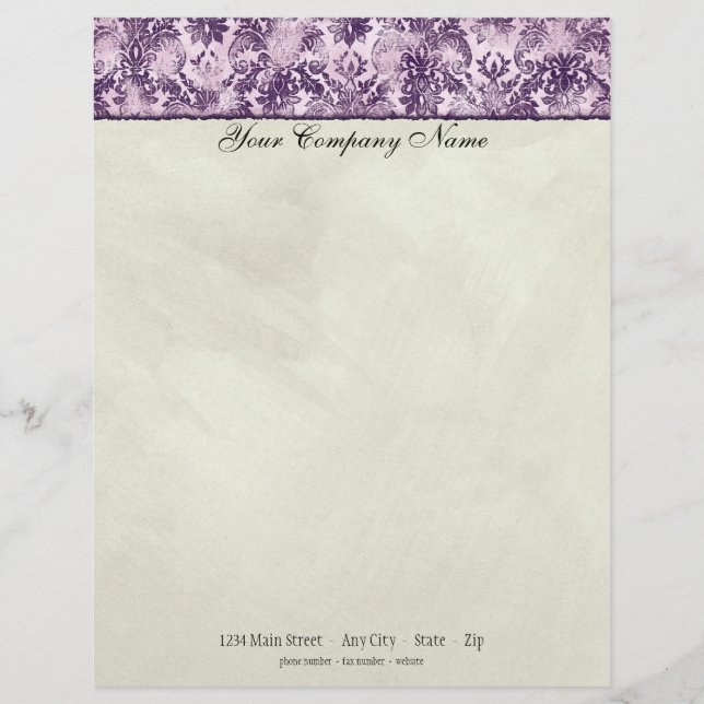 Flieder-Briefpapier Fleur di Lys Damask Briefkopf (Vorderseite)