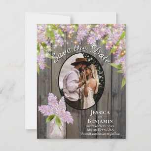 Flieder & bunte Lichter auf Scheunenholz-Hochzeit Save The Date