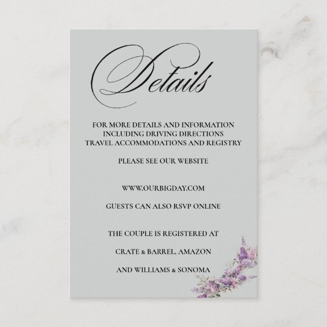 Flieder floral Elegante Beilagekarten-Details Begleitkarte (Vorderseite)
