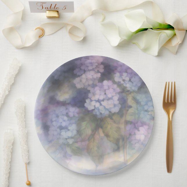 Flieder-Hortensien-Aquarell-Lunchserviette Pappteller (Hochzeit)