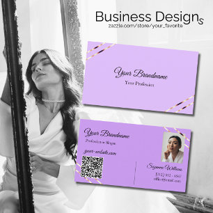Flieder-Lavendel mit Rose-Gold-Linien Foto-QR-Code Visitenkarte