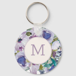 Flieder Lila Staubblau Aquarell Blumen-Monogramm Schlüsselanhänger