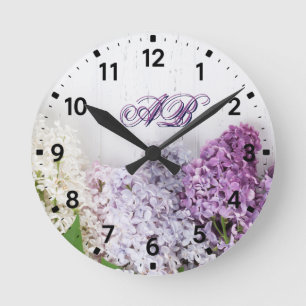 Flieder-Monogramm-Wanduhr   Personalisierte Blumen Runde Wanduhr