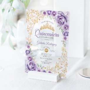Flieder Purpur Gold Floral Quinceanera Acryleinladungen
