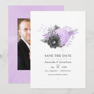 Flieder- und Holzkohlenblumen-Hochzeitsfoto Save The Date