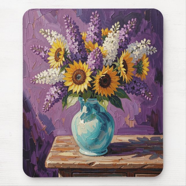 Flieder und Sonnenblumen | Botanisches Design   Mousepad (Vorne)