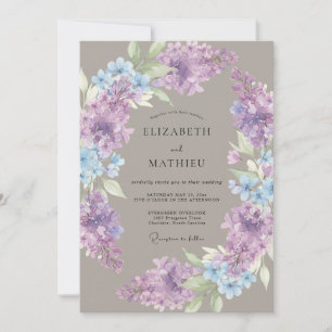 Fliederblaue Florale Lorbeer-Hochzeit Einladung