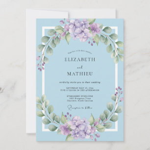 Fliederblaue Hochzeit mit Azurblauem Kranz Einladung