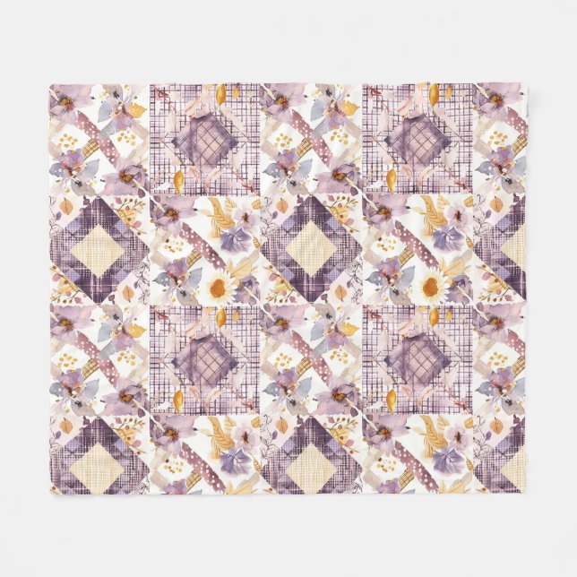 Fliederfarbene Gelbe Patchwork-Quiltdecke im Gingh Fleecedecke (Vorderseite (Horizontal))