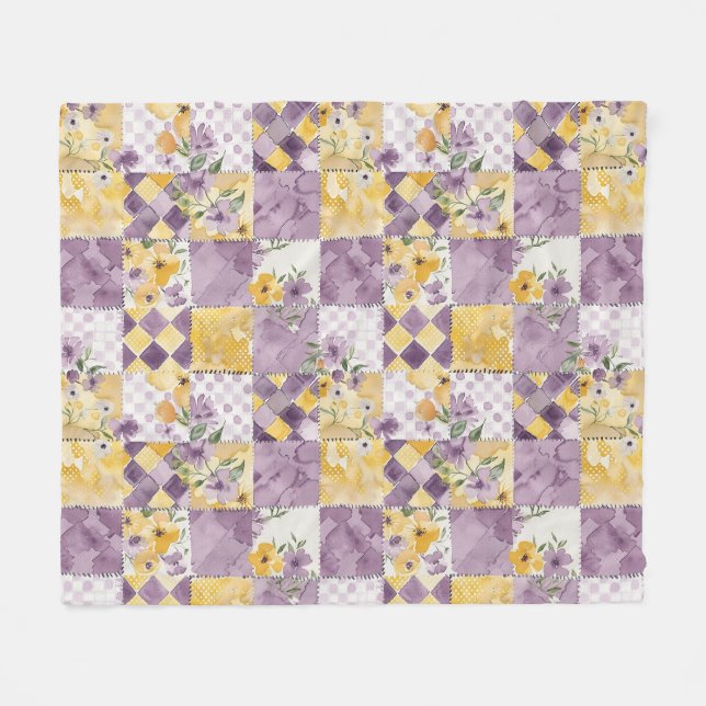 Fliederfarbene Gelbe Patchwork-Quiltdecke im Gingh Fleecedecke (Vorderseite (Horizontal))