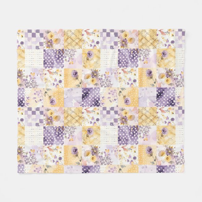 Fliederfarbene Gelbe Patchwork-Quiltdecke im Gingh Fleecedecke (Vorderseite (Horizontal))