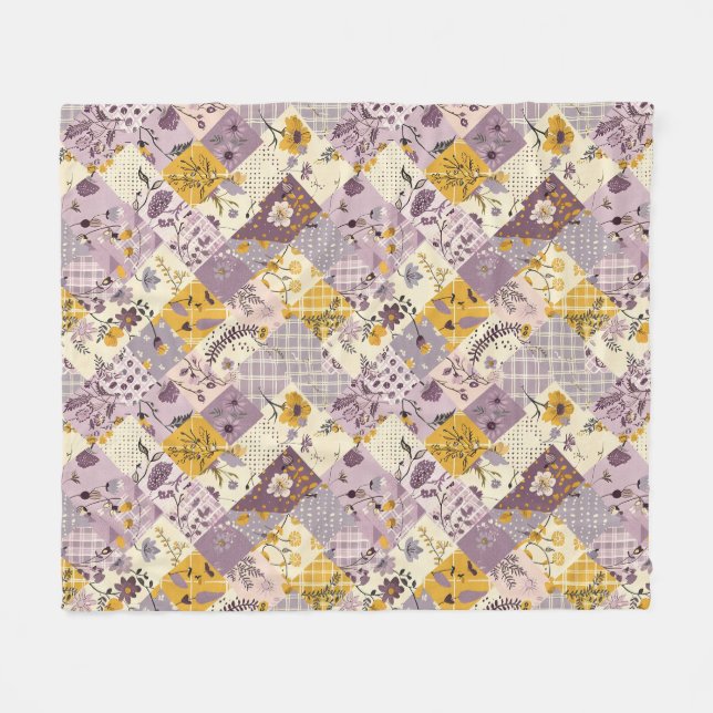 Fliederfarbene Gelbe Patchwork-Quiltdecke im Landh Fleecedecke (Vorderseite (Horizontal))