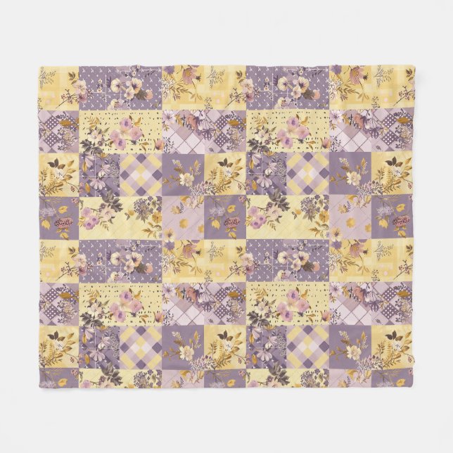 Fliederfarbene Gelbe Patchwork-Quiltdecke im Landh Fleecedecke (Vorderseite (Horizontal))