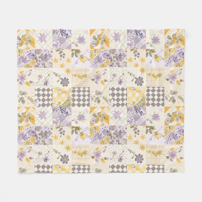 Fliederfarbene Gelbe Patchwork-Quiltdecke im Landh Fleecedecke (Vorderseite (Horizontal))