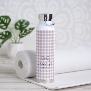 Fliederfarbenes Gingham-Schleifen-Monogramm Trinkflasche