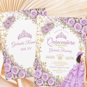 Fliederlila Rosen Goldener Schmetterling Quinceañe Einladung
