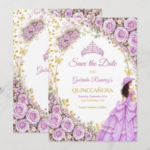 Fliederlila Rosen Goldener Schmetterling Quinceañe Save The Date