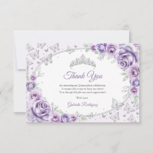 Fliederlila silberne florale Quinceanera Dankeskarte