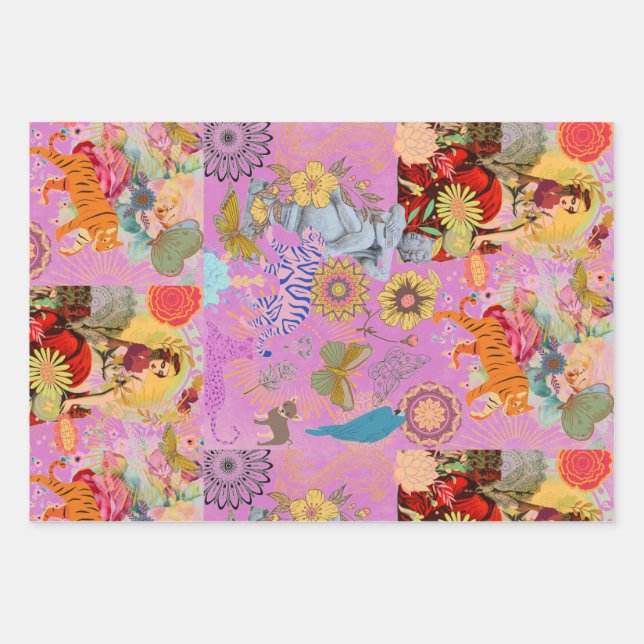 Fliederrosa Boho Whimsical Botanische Flora Geschenkpapier Set (Vorderseite)