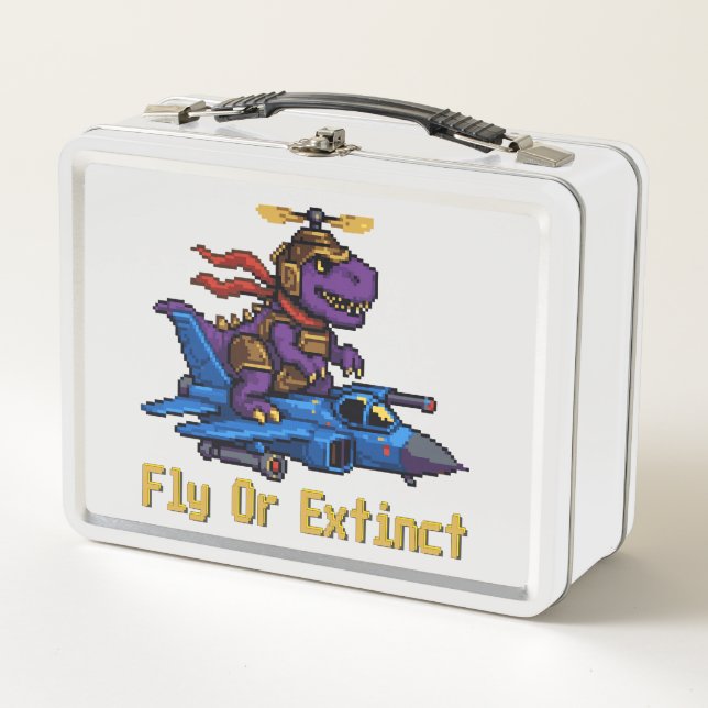 Flieg oder stirb Pixel-Art-Dinosaurier-Pilot-Kampf Metall Brotdose (Vorderseite)