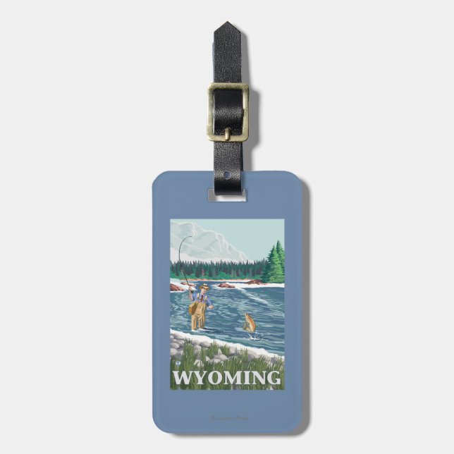 Fliege FishermanWyomingVintage Reise-Plakat Gepäckanhänger (Vorderseite vertikal)