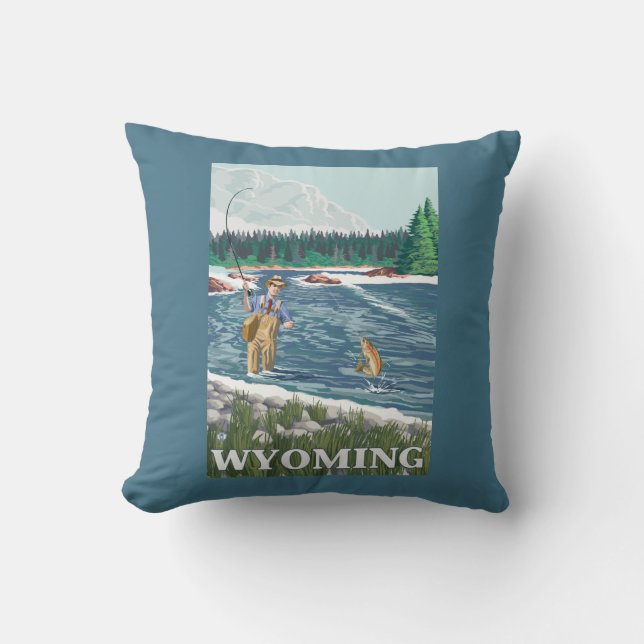 Fliege FishermanWyomingVintage Reise-Plakat Kissen (Vorderseite)