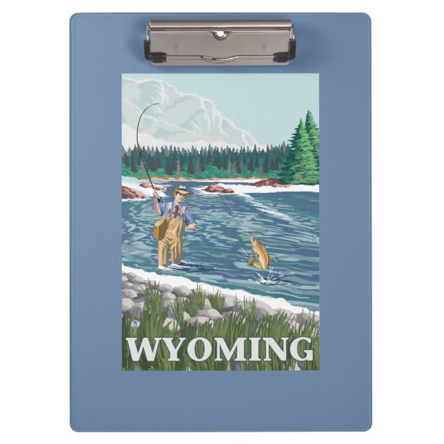 Fliege FishermanWyomingVintage Reise-Plakat Klemmbrett (Vorderseite)