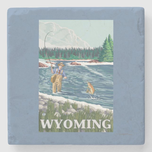 Fliege FishermanWyomingVintage Reise-Plakat Steinuntersetzer (Vorderseite)